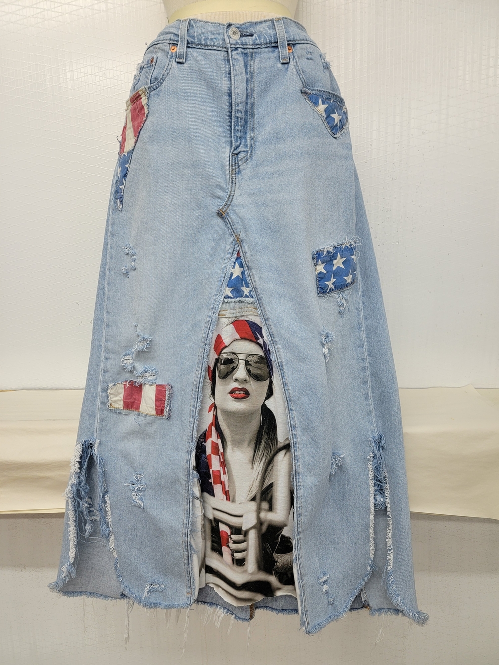 Levi's Big E Maxi Jean Skirt with American Flag Patchwork Upcycled
